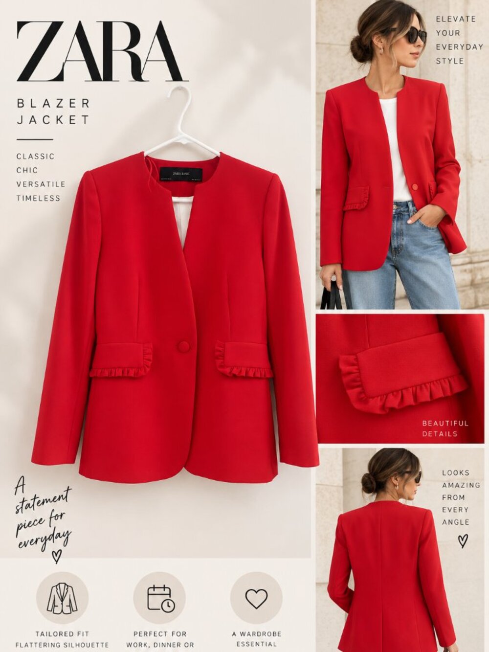Zara Women's Blazer with Ruffle Pocket Detail NWT